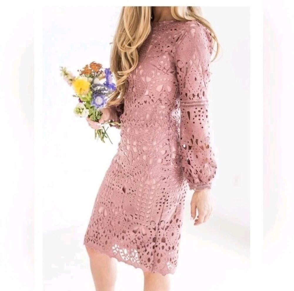 Jessakae Dress Women Large Pink Crochet Puff Balloon Midi Babydoll Boho